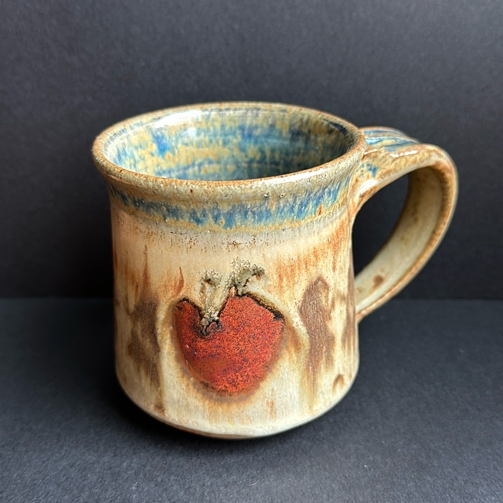 Art Pottery Stoneware Mug Abstract Hearts Primitives Tan Blue Rusty Red 10 oz